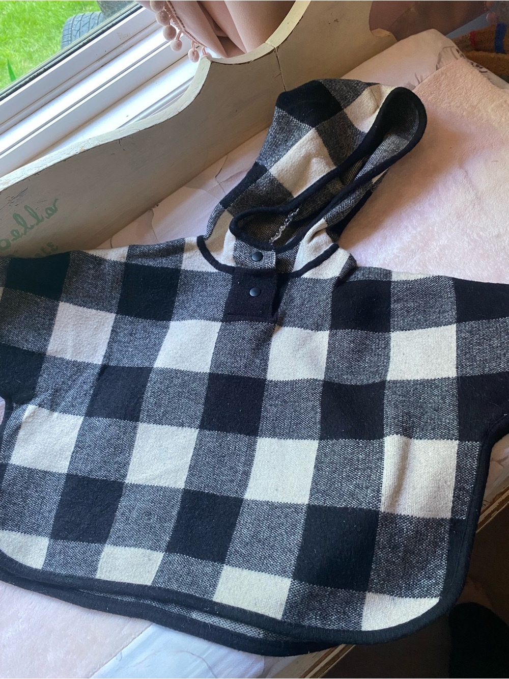 Zara Black & Cream Buffalo Check Hooded Poncho